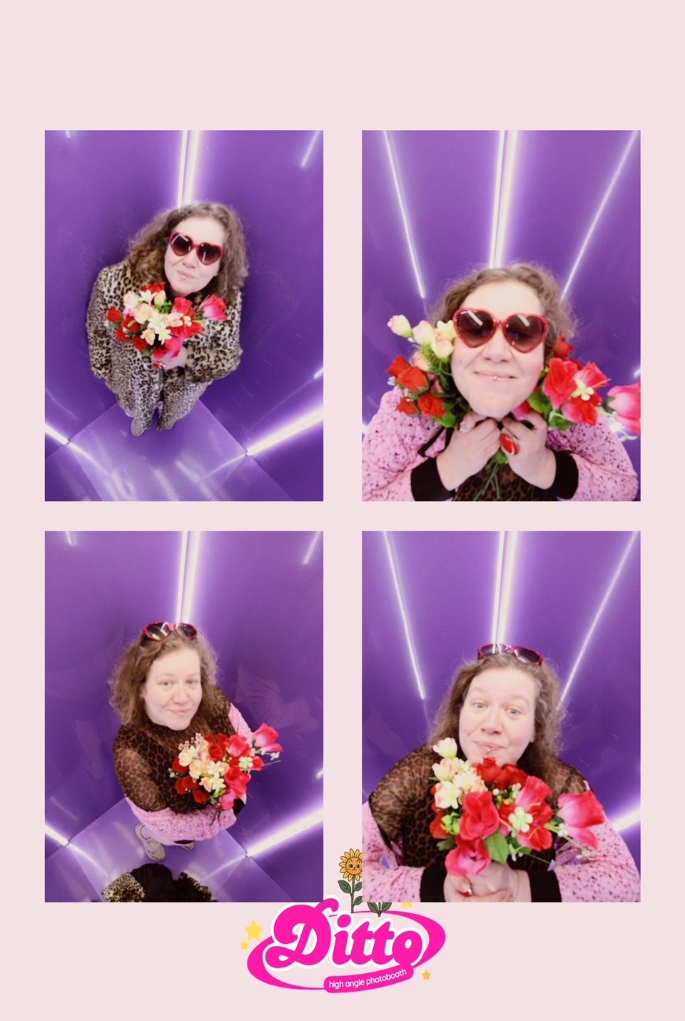 Four self portraits in a high angle photobooth with purple neon lighting. I am wearing a leopard coat, red glitter heart sunglasses and holding a bunch of plastic pink roses and pulling increasingly ridiculous faces