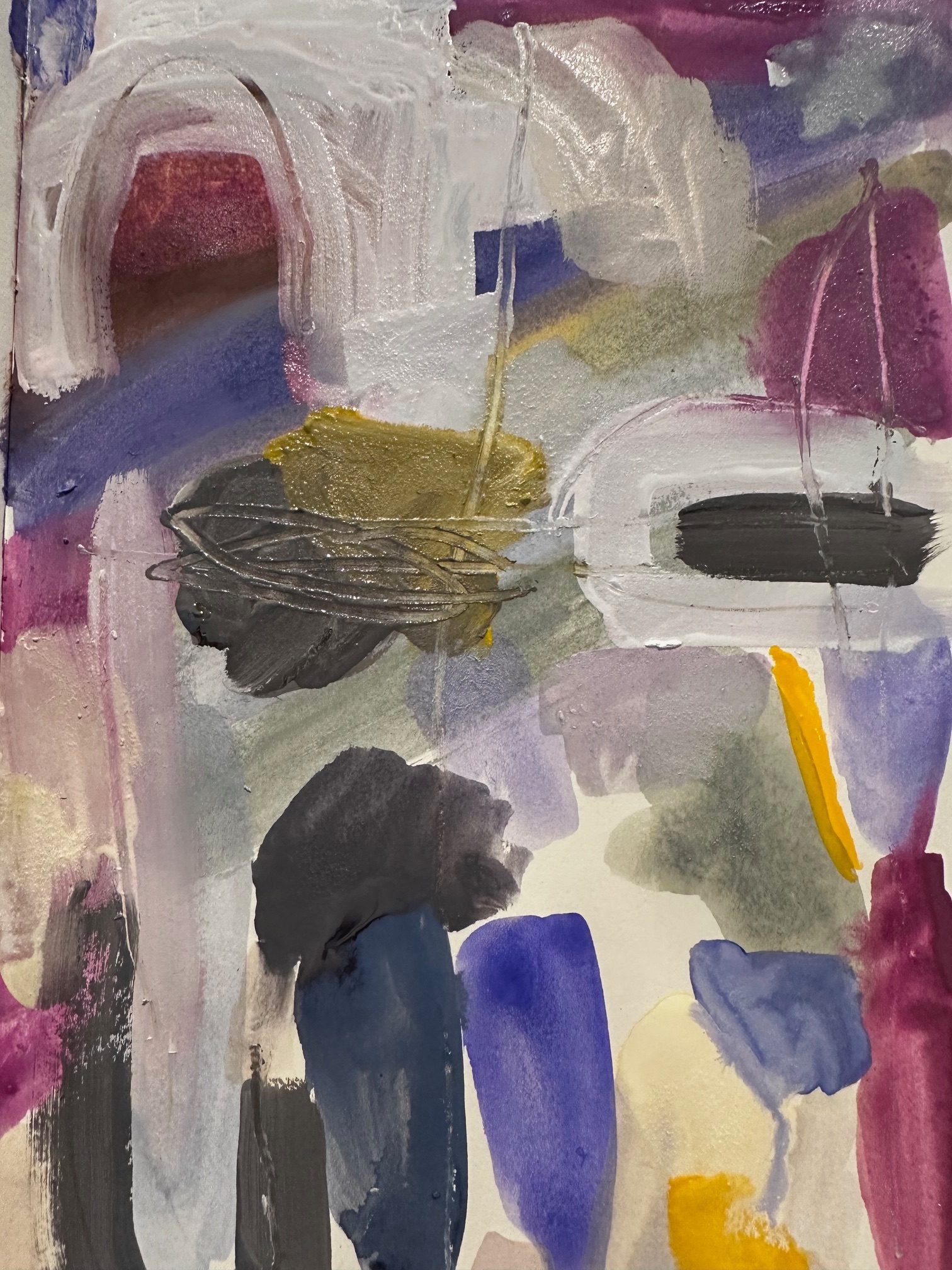 Gouache abstract painting in shades of mauve, custard yellow and mossy green