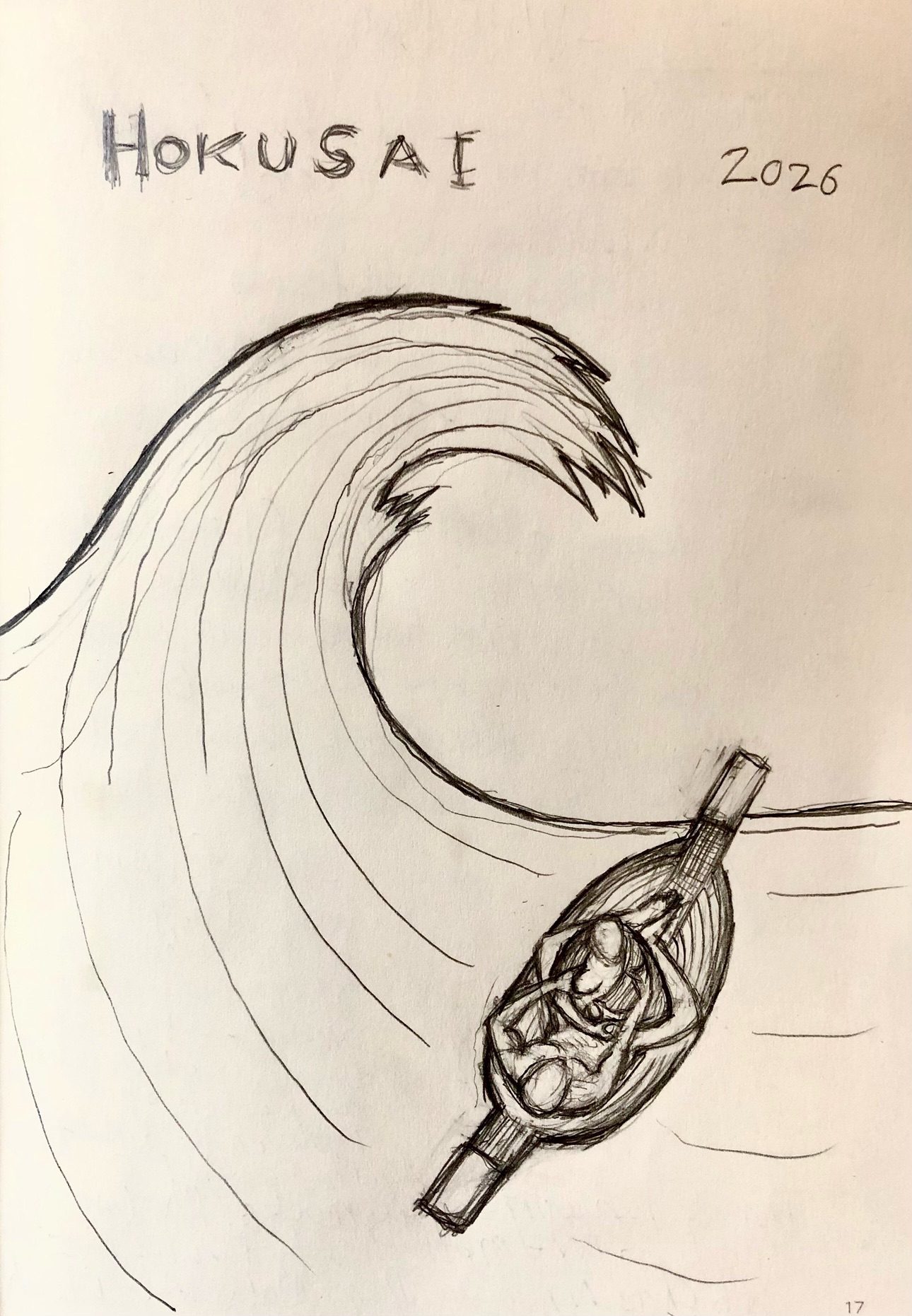 Graphite pencil drawing - a couple in a small boat under a huge wave that threatens to crash … but is frozen