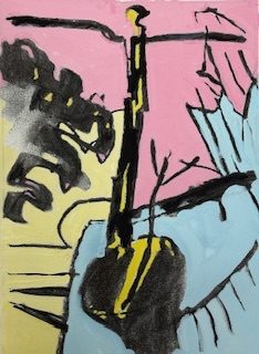 Portrait shaped abstract landscape painting. Black vertical marks that look like a post and rail bisect the picture plane in front of a pale pink ‘skyline’. To the left and right are abstract organic marks that could indicate tree branches and/or foliage. Pale yellow and blue fill the lower backgound.