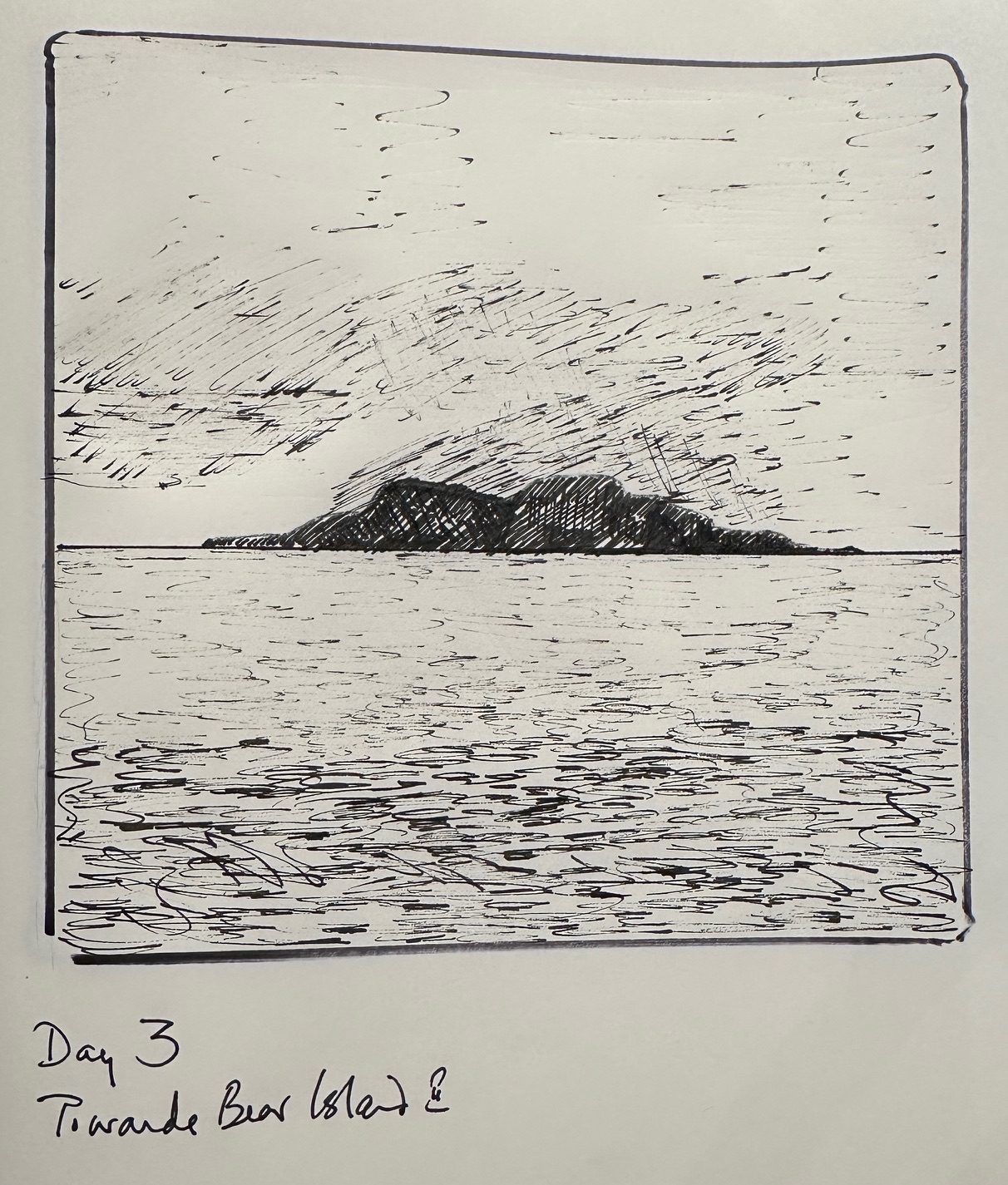 Black ink sketch of remote island at the limit of Norwegian and Barents Seas