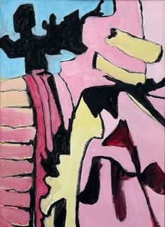 Portrait shaped abstract painting. Partially organic shapes in black, pastel yellow and darker pink cross a background of pale pink or blue. They possibly indicate a landscape with trees or leaves