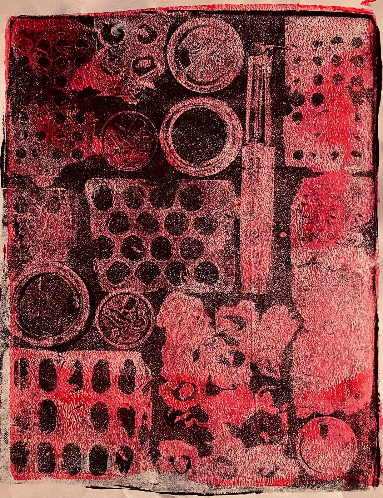 A black and pink gelli printed image of assorted blister packs, pill bottles and an injection pen