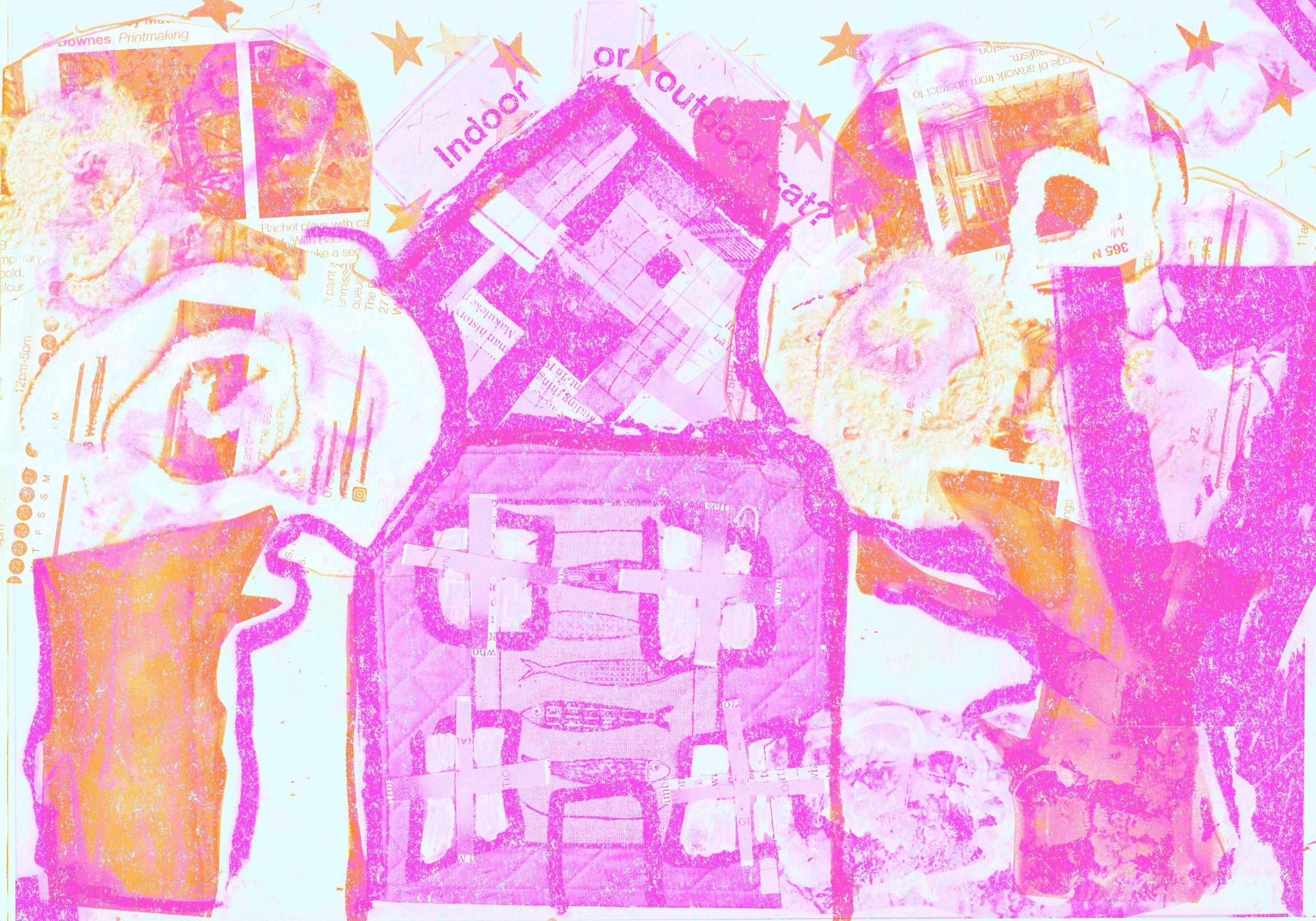 Fake riso print of a house surrounded by trees. The house features a sardine tin. There is a cat in a tree to the right of the house. The bottom layer of the print has halved broccoli stalks as tree bodies, whilst wool makes the leaves. The title is taken from magazines above the house. The whole image is made up of physical collage that has then been digitally edited.