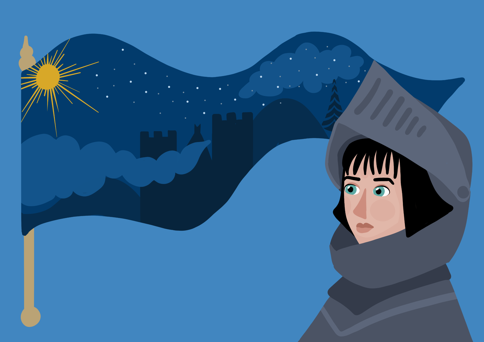 Digital illustration of Joan of Arc in a suit of armour, in front of a detailed medieval-style flag.