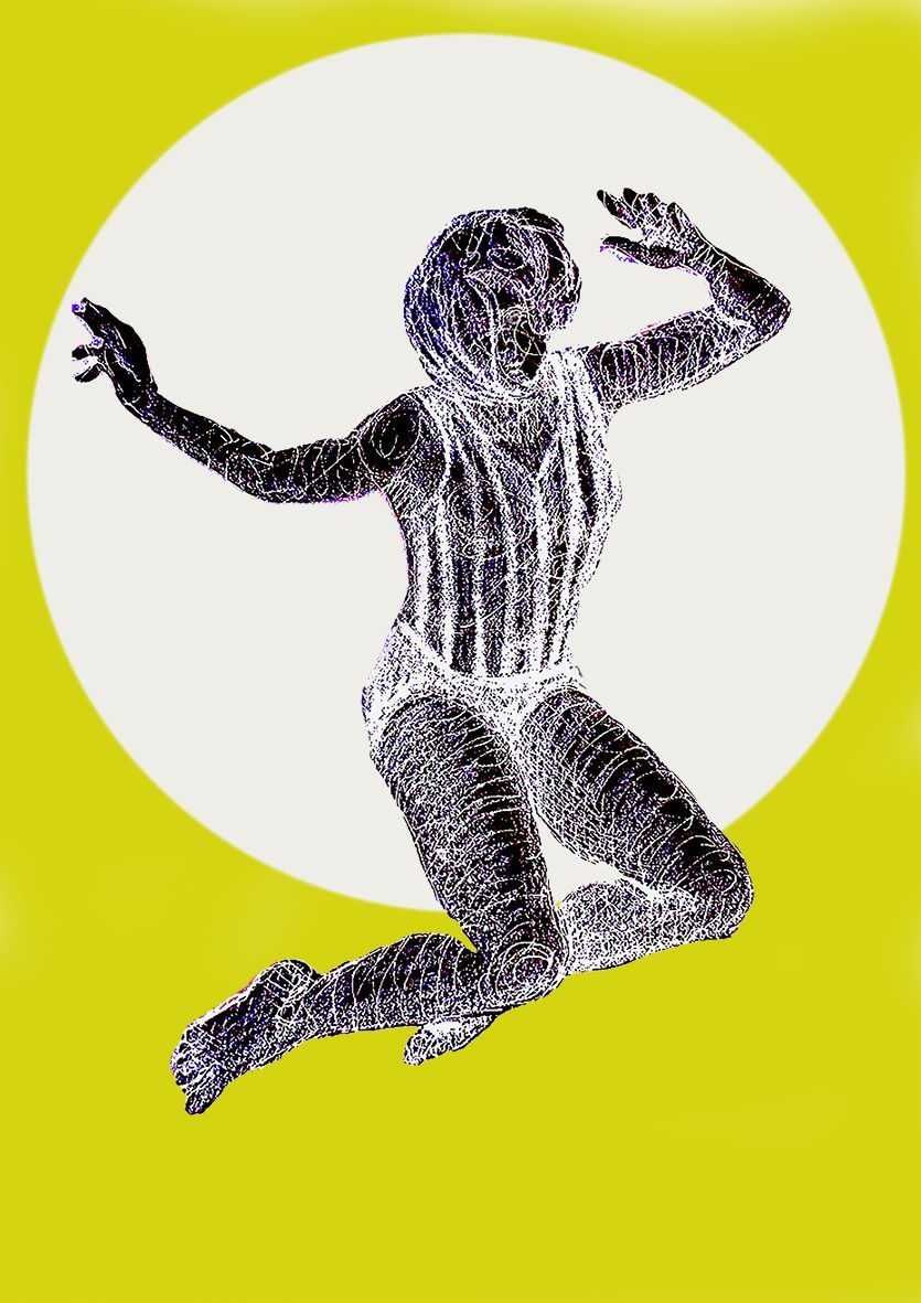 Drawing of a female figure suspended as though jumping or falling with bright yellow and white background