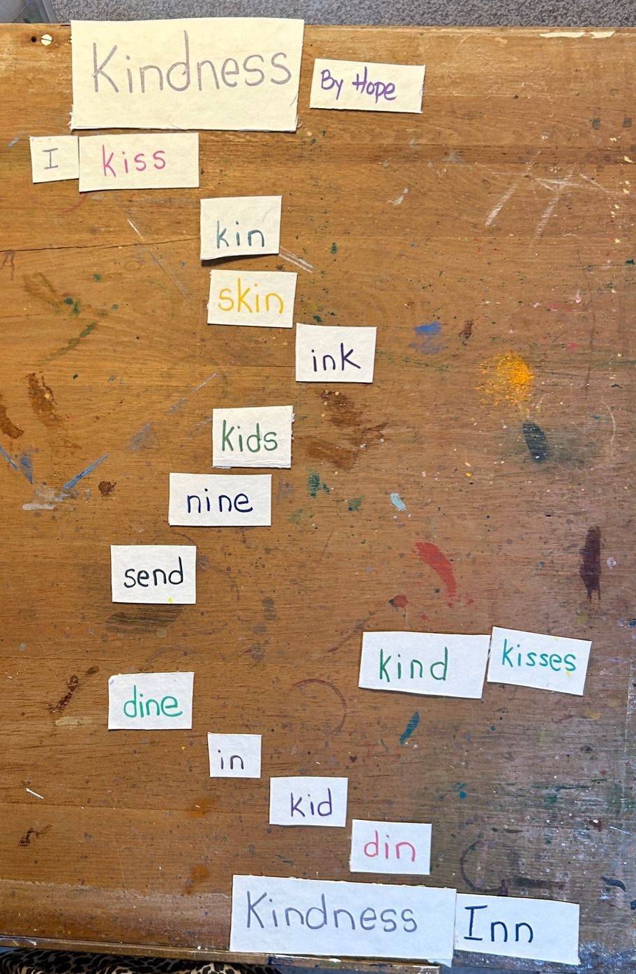 Using the letters in the word kindness, I created short sentences.