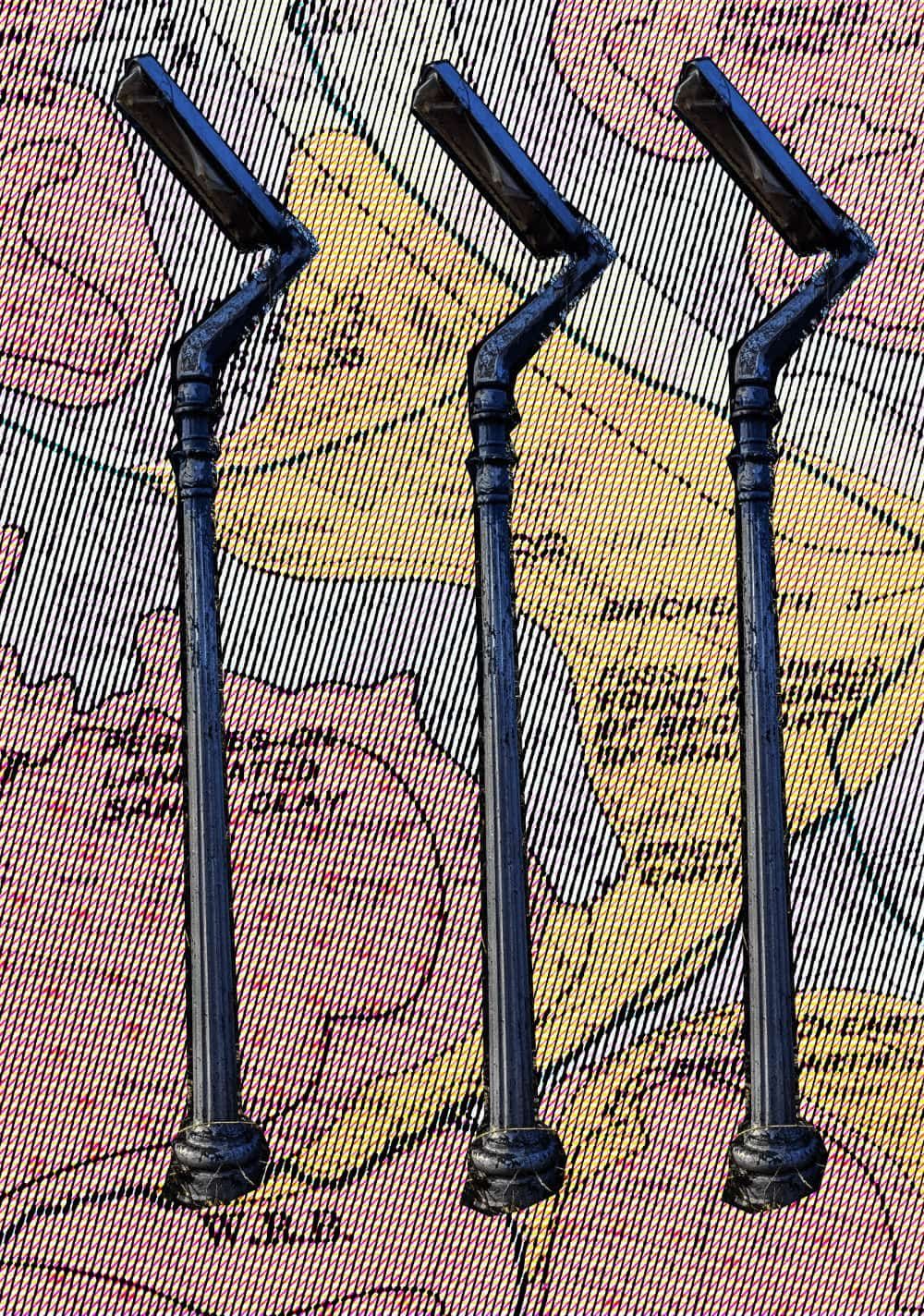 Digital collage of 3 lamposts against a map