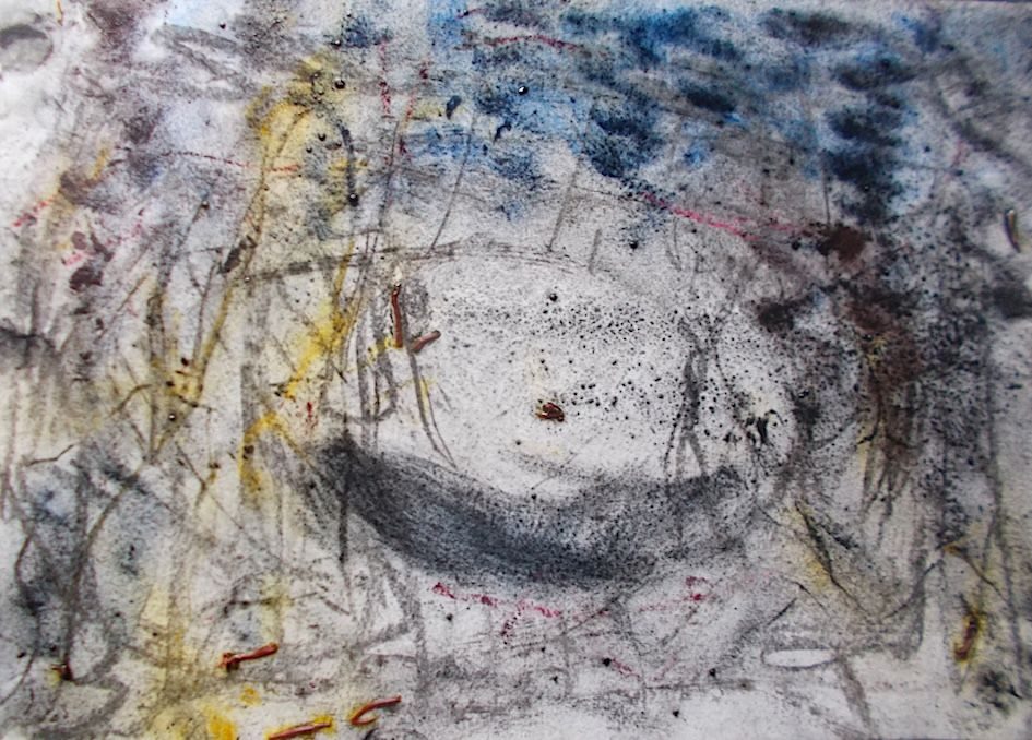 random marks with charcoal, pieces of saffron and scattered pigment on paper and put out in the rain