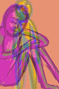 a GIF of 3 colourful figurative doodles of people with their eyes closed, sat downm bent down and stood up, cycling through in a loop. The colour scheme is bright. with backgrounds cycling between yellow green and pink, outline of figures is in purple and shading and highlights are a mix or purple orange green yellow and pink