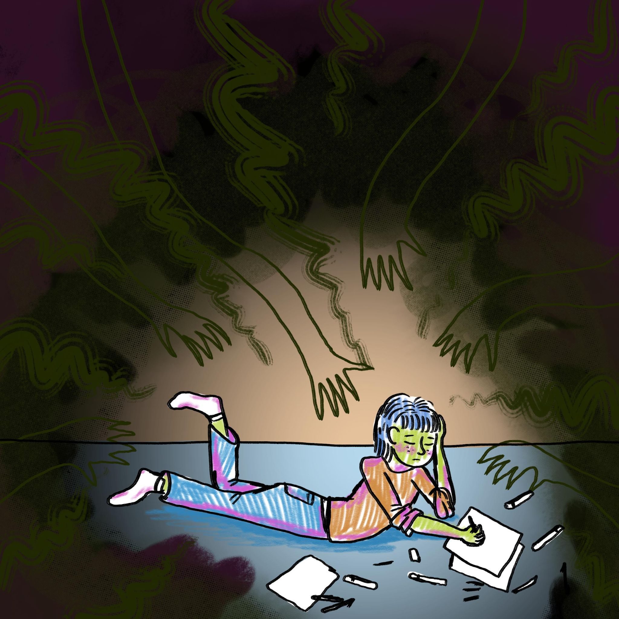 a child doodles on paper laying on her front kicking her legs, the edges of the picture are black with shapes and arms coming out of them towards the child. the child is drawing peacefully in the middle in the light.