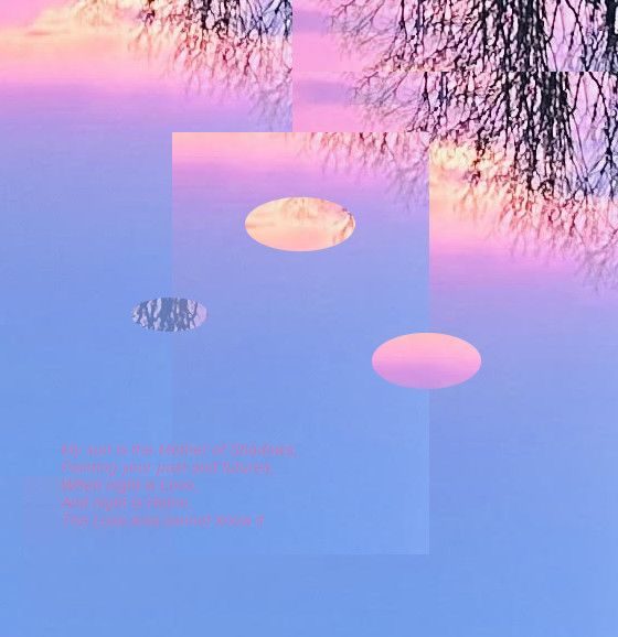 a digital collage of a sunset with a tree and text