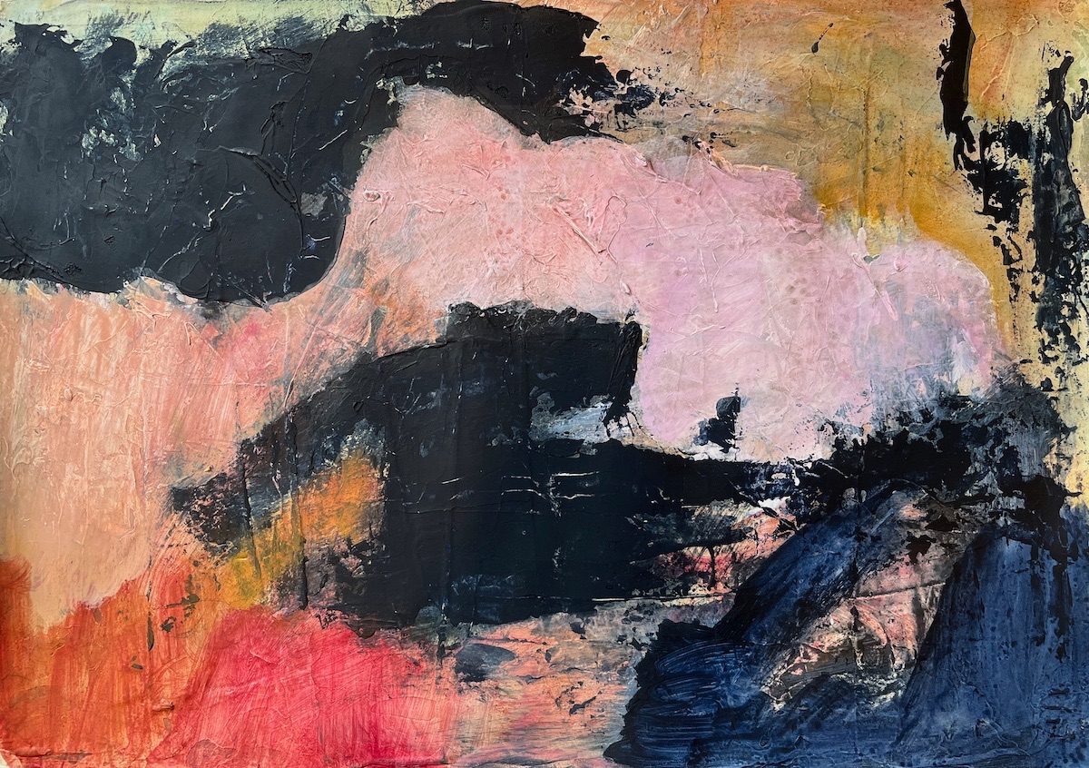 Very colourful abstract painting - pink, black, orange textured shapes.