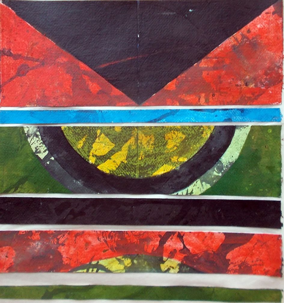 strong red, black ink, green ink, blue in mix of media and marks, including some geometric shapes and ratios