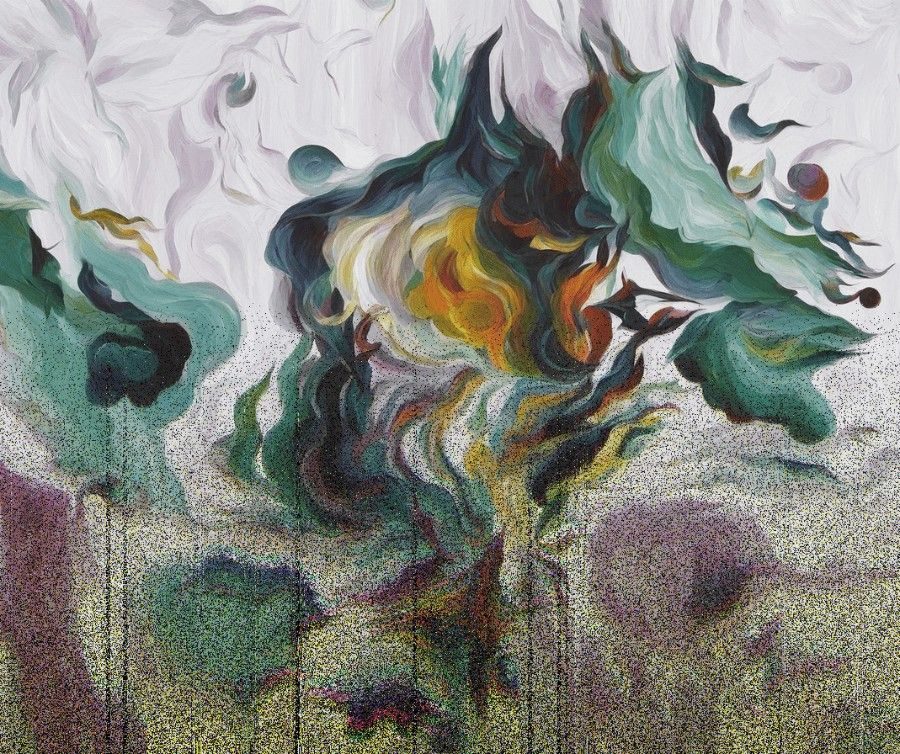 An abstract painting on white paper the bottom half with a glitch effect