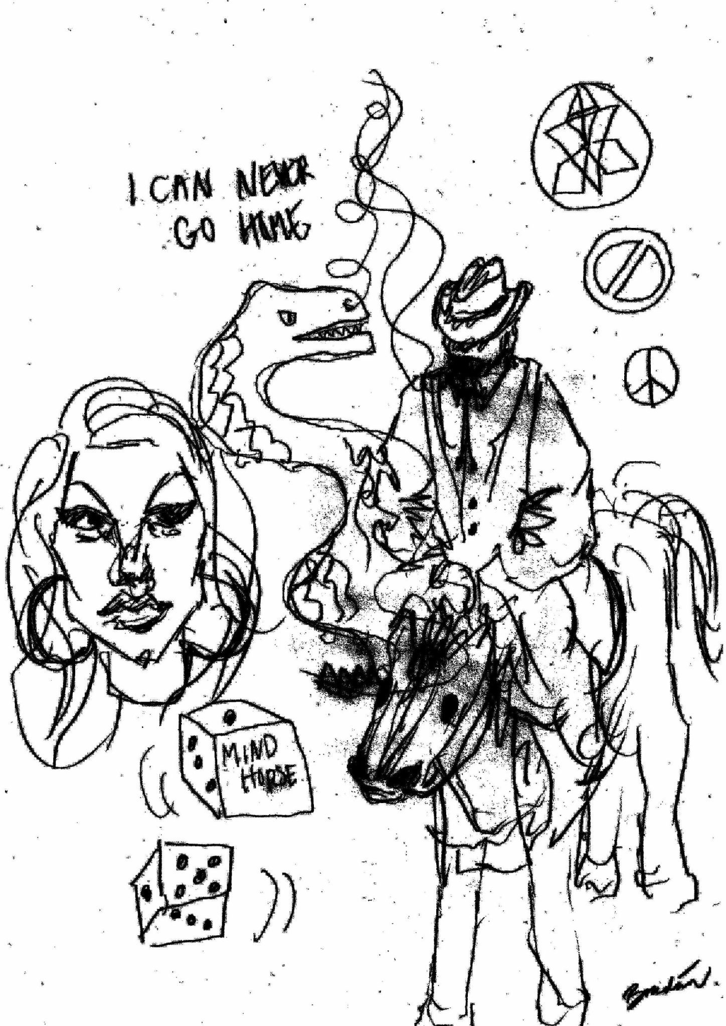 pencil on paper drawing of a horse, a rider, a dragon, dice, and various symbols and pieces of text. it has been adited for higher contrast digitally.