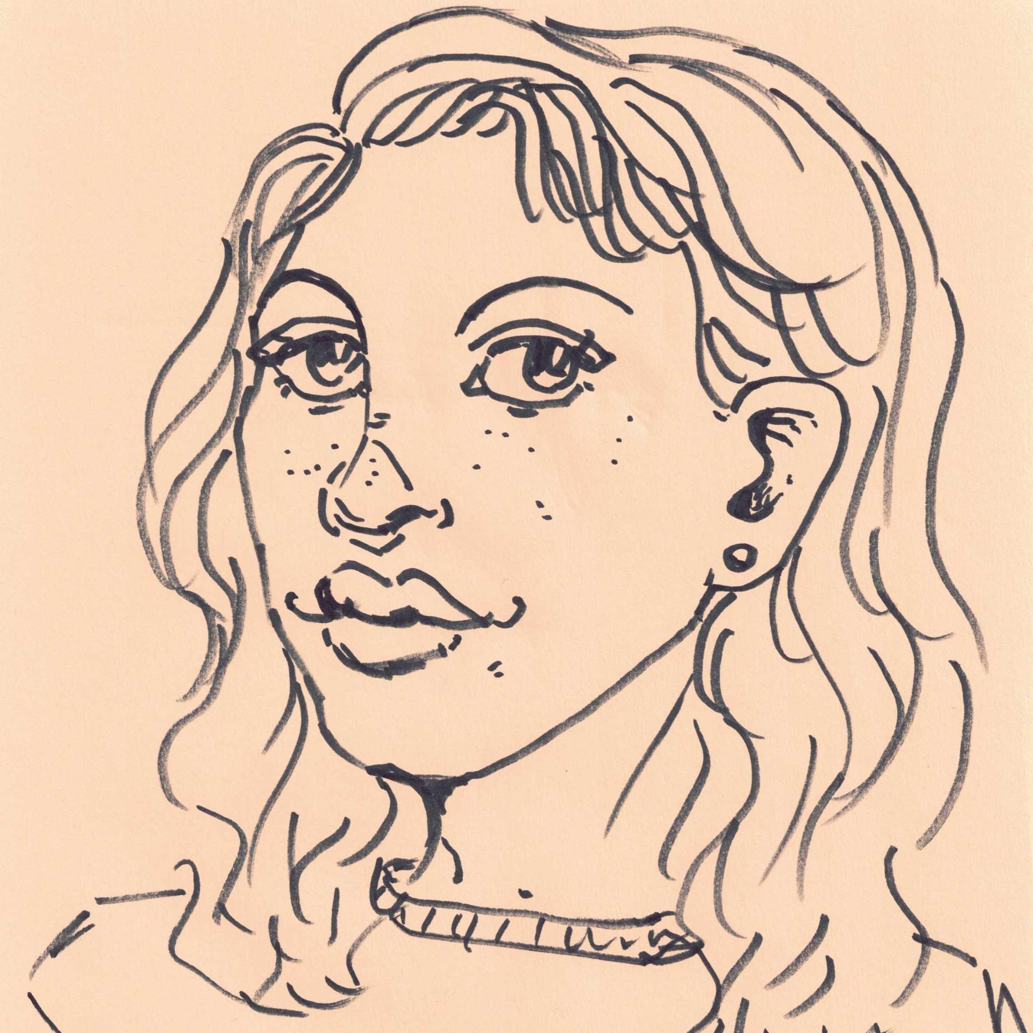 marker on paper drawing of a made up girl, black line art on pale orange paper, no colouring or shading. she has long wavy hair.