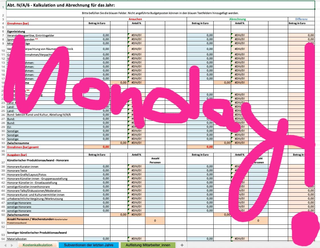 Excel table from the Austrian Ministry of Culture for project funding.