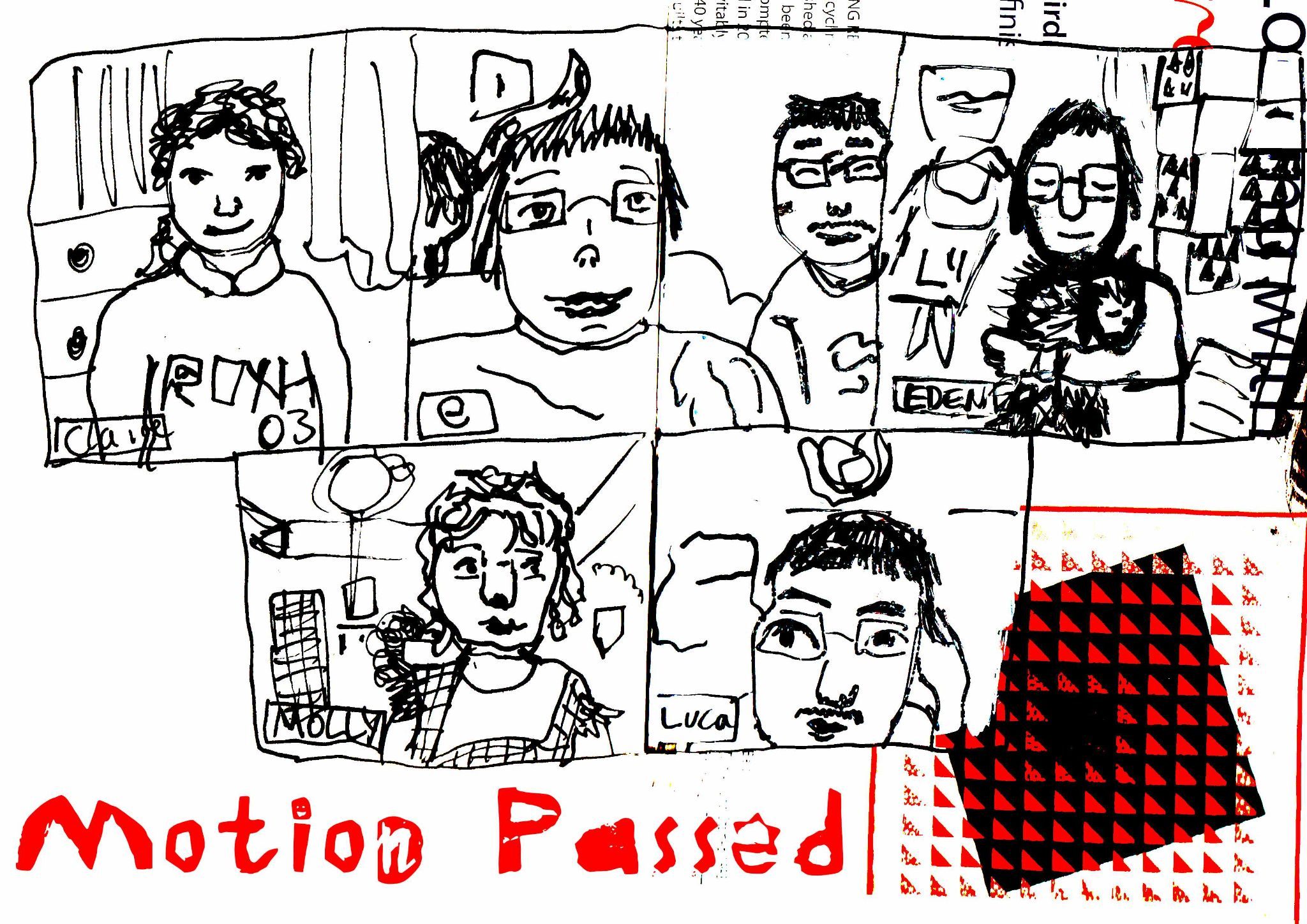 A sketchy drawing of a Zoom call with 5 boxes. The artist has drawn the call participant in each box in black posca pen with their name below. In the middle box is the artist, their partner and their cats butt sharing the screen. To the top left is eden also cradling their cat. At the bottom Luca rests their head on their hand. Claire and Molly look in to the camera. Below is written 