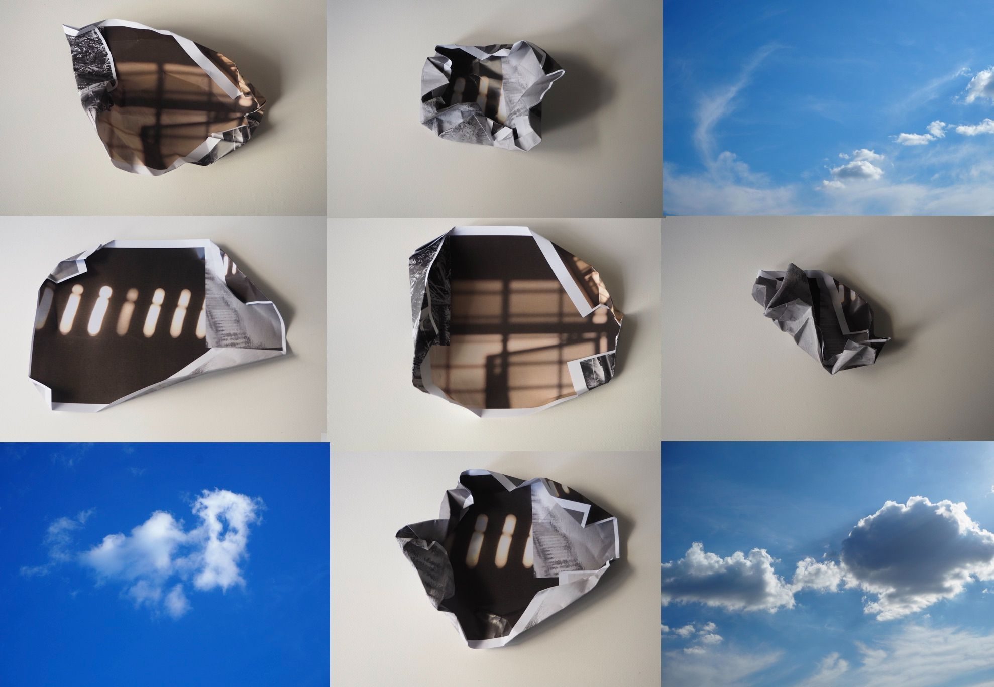 A collage of images, diverse configurations of folded paper. On each paper images collapse, interior and exterior traces of 2 of my homes, in Singapore, in Firenze/IT, taken during the pandemic in 2020, processed for a work 