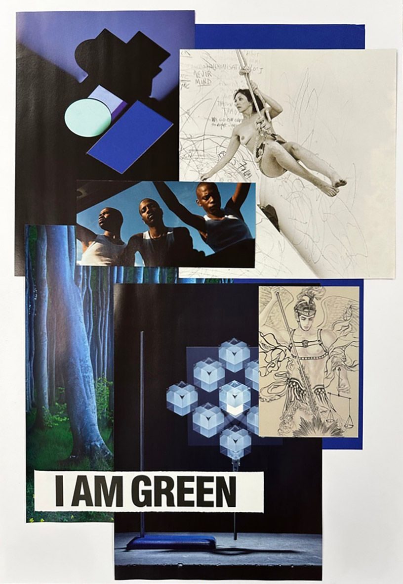 a layered magazine collage containing the text 'I'm Green