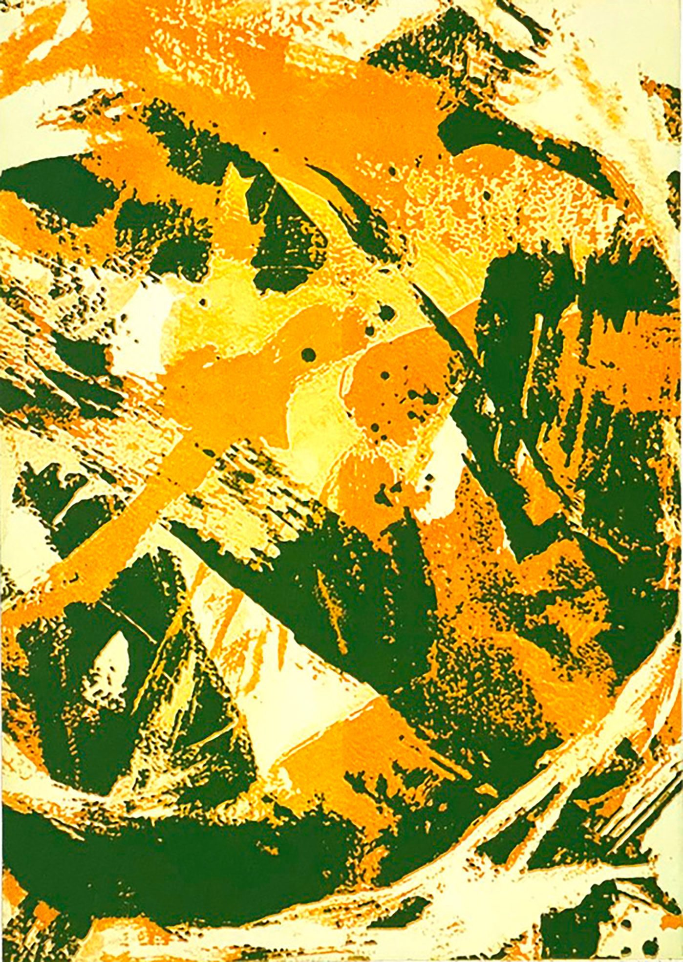 A two plate etching printed in orange and green