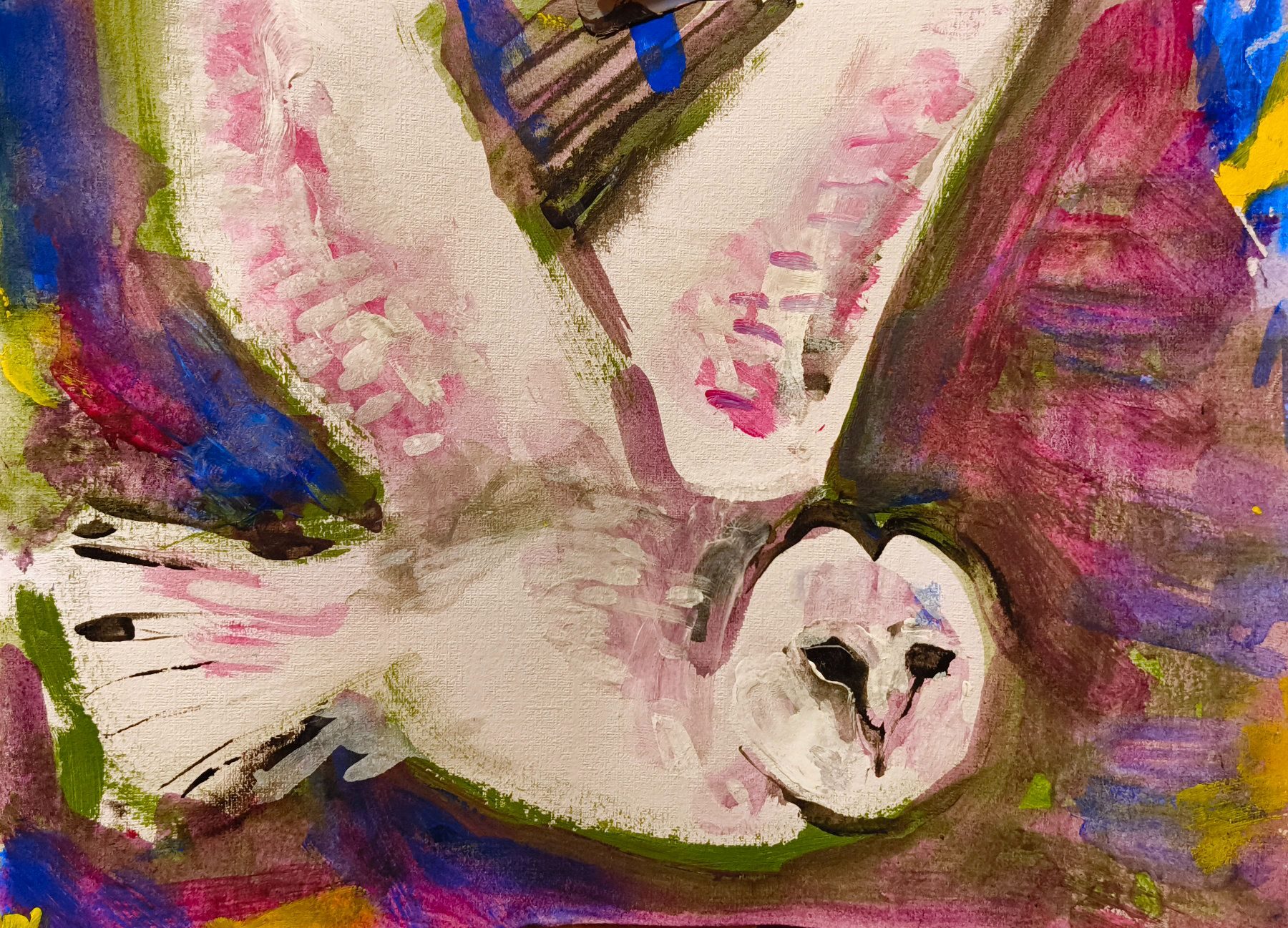 A semi-abstract painting of an owl in flight