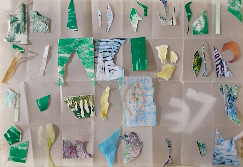 various snippets of bits kept for collage, placed on folded tracing paper and cut out number 37