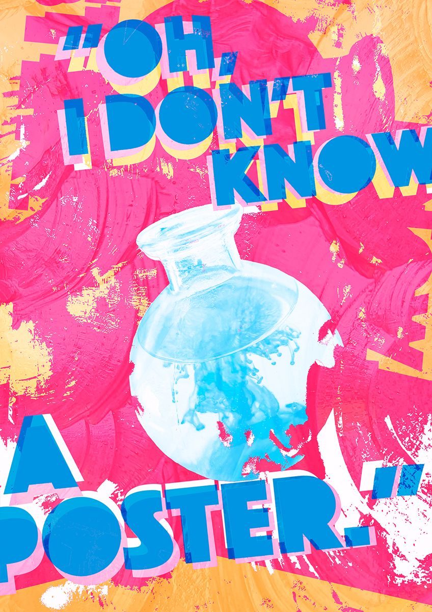 Bright pink and yellow textures with blue text saying 