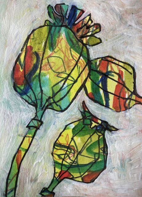 Poppy seedpods on multicoloured base with background blanked out with white gesso