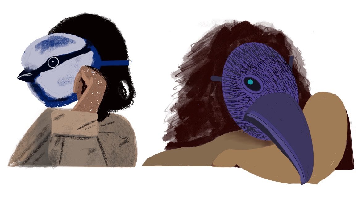 drawing of two figures wearing bird masks