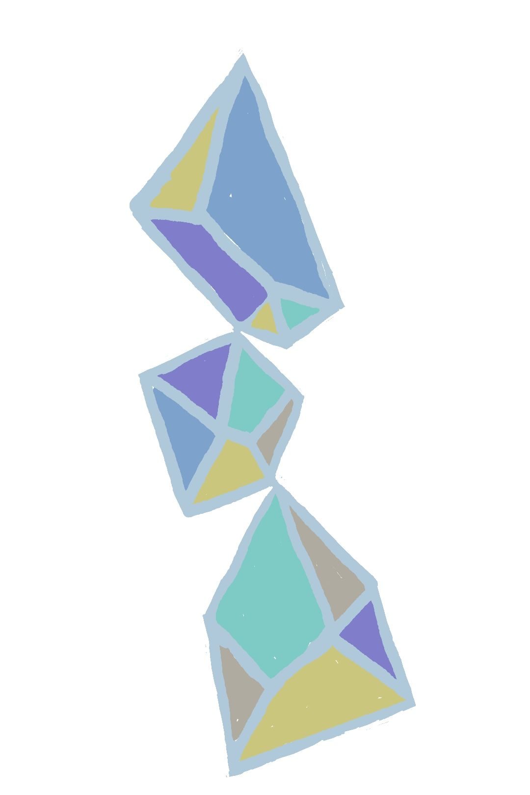 Water colour painting of angular forms based on pyrite pentagons