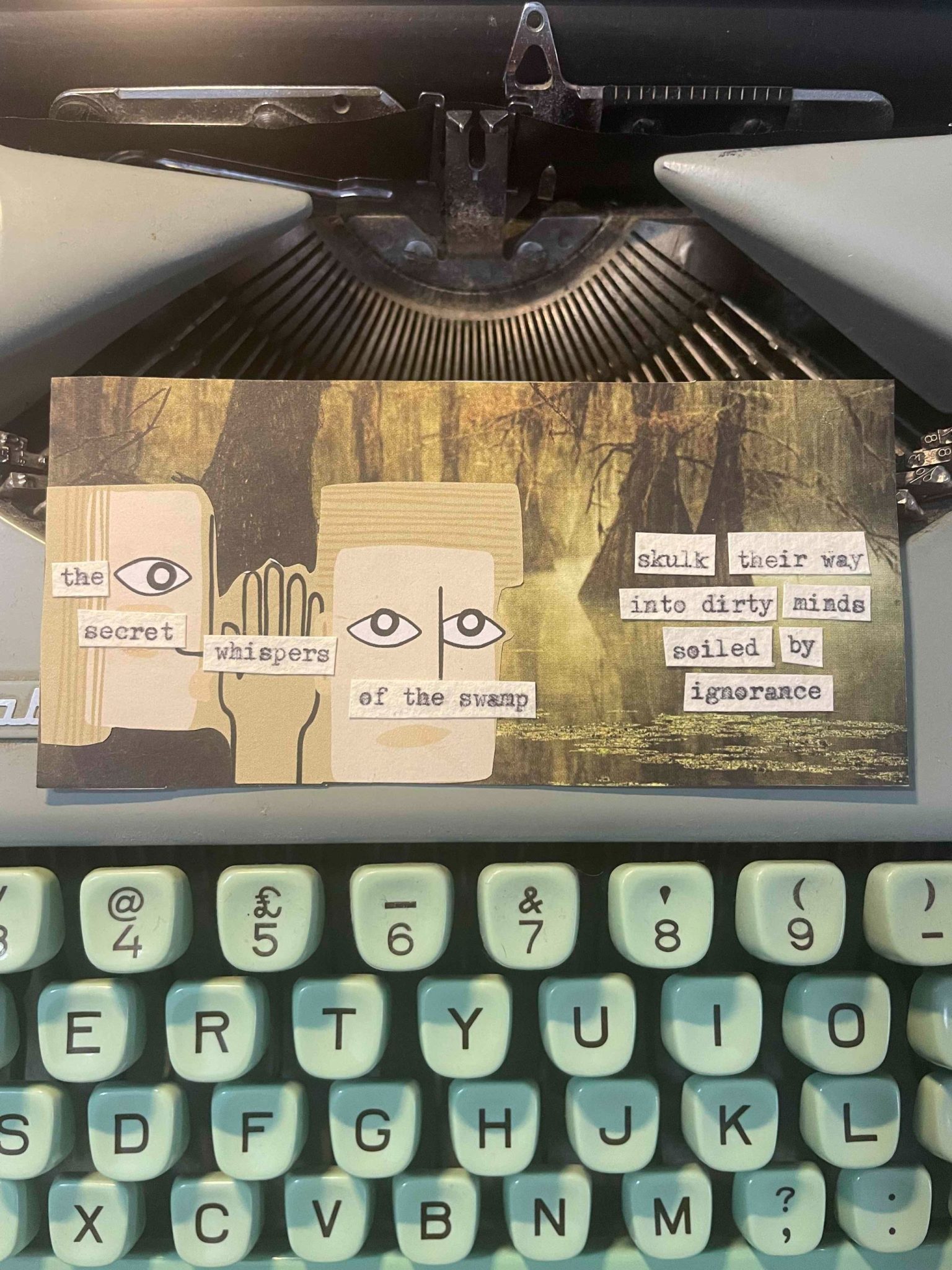 a collage of a swamp and two people whispering