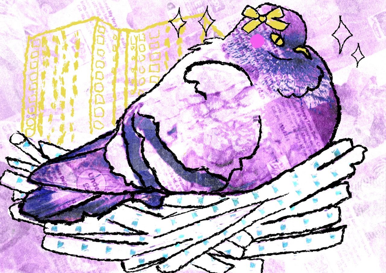 A pigeon in a nest of swan filter sticks, behind them scribbly highrise flats are drawn. The pigeon has a bow on its head, and drawn beak eyes and blush in contrast with the photo collaged bird behind. The main colours of the picture are blue, pink and yellow.