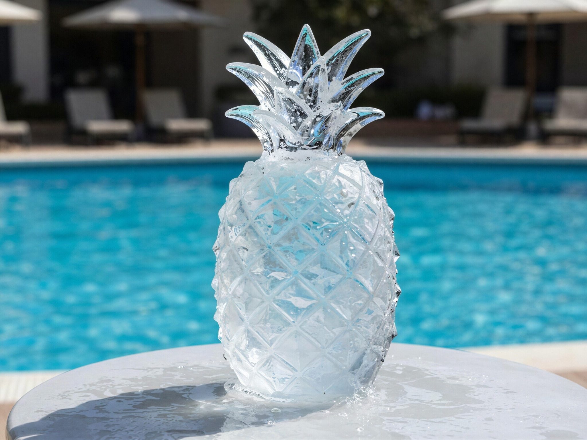 An ice sculpture of a pineapple slowly melting on a table