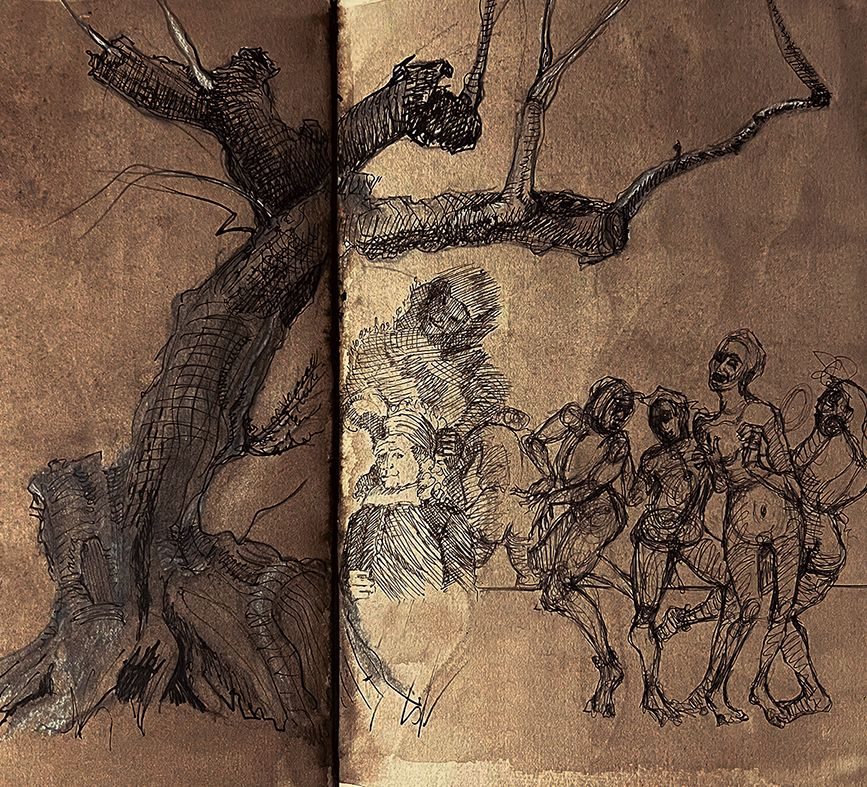 Pen and ink sketchbook drawing of figures looking at a gnarly old tree.