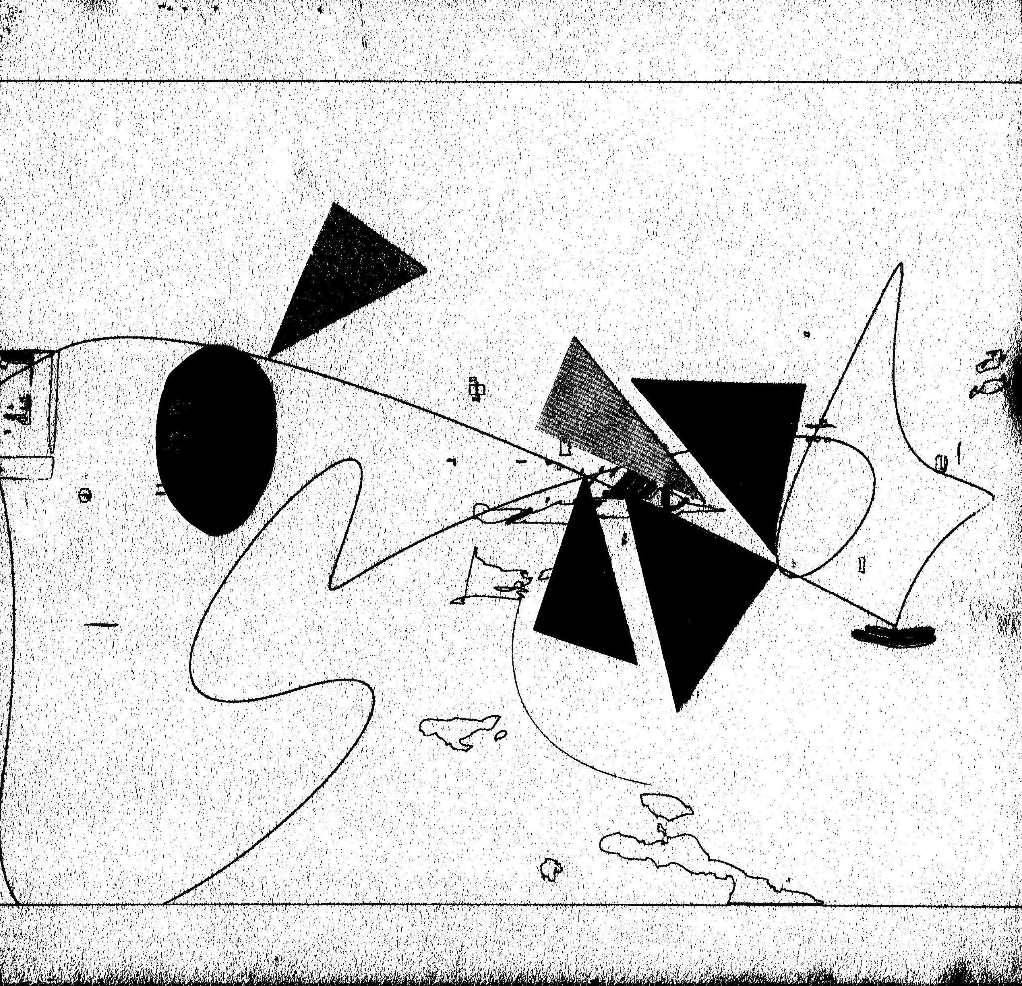 an abstract composition of lines, an elipse and triangles in black and white