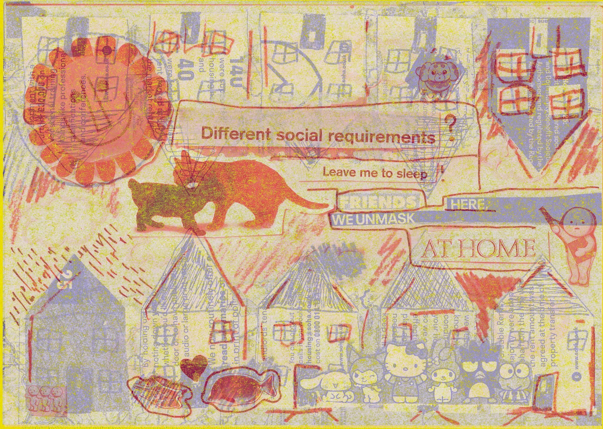 fake riso from physical collage. There are patterns of homes with the words 