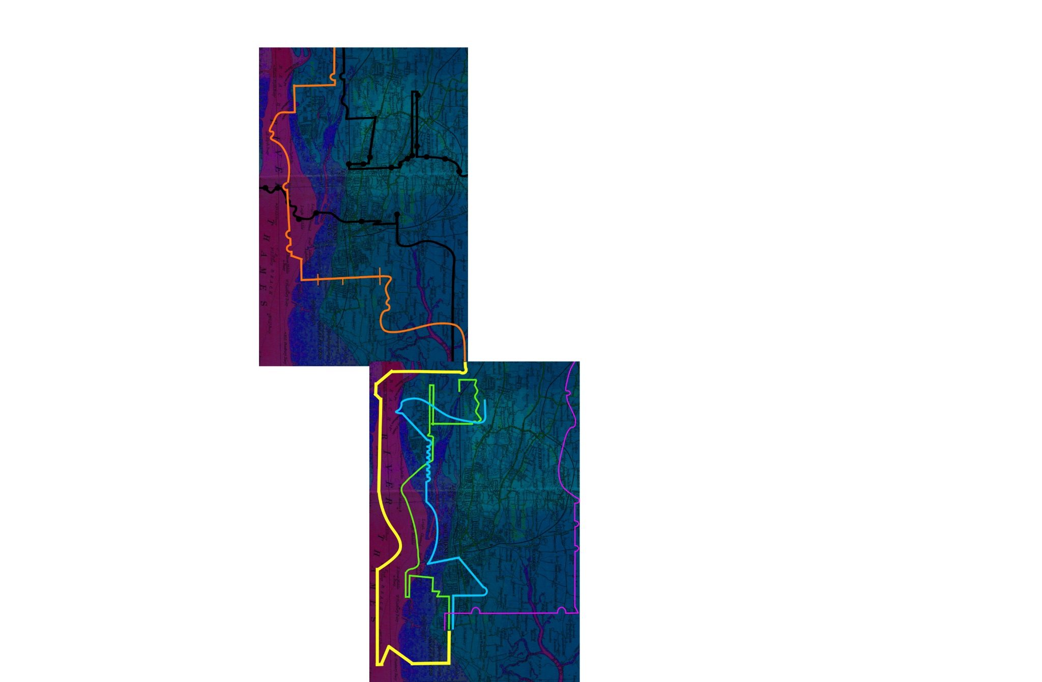Image of two maps of Southend on sea, one map on top of the other. both maps are in a purple/blue gradient. Both maps have yellow, black, orange blue and green lines which highlight a variation of routes.