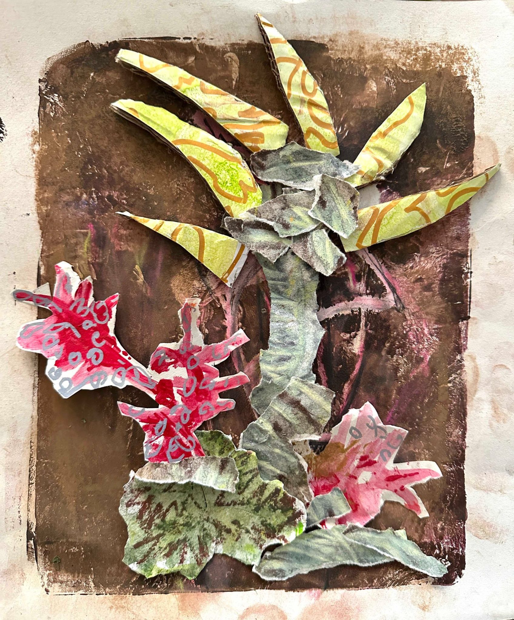collage of paper creating flowers with leaves that were printed from leaves, brown painted backdrop