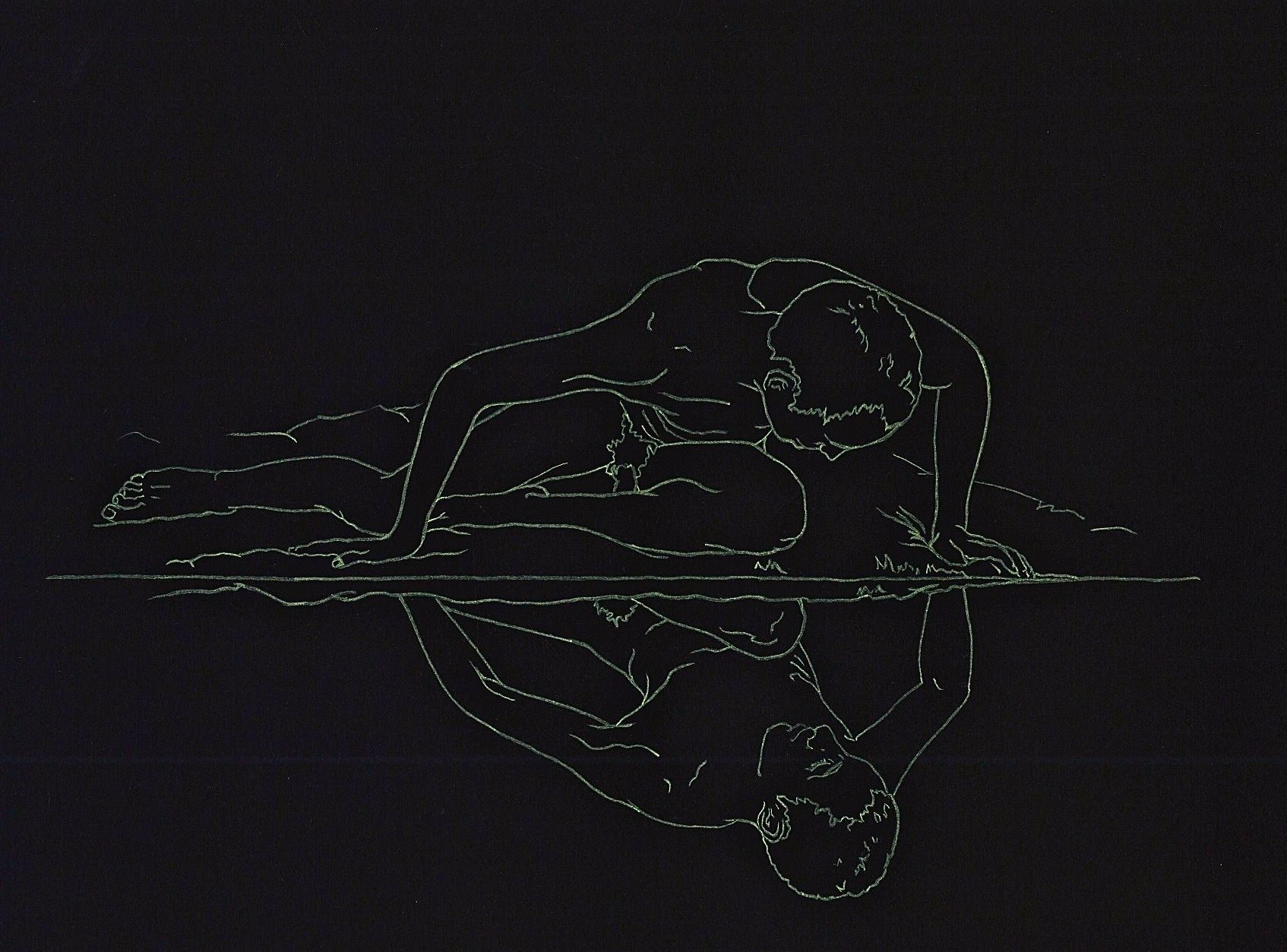 Coloured pencil line drawing on black paper reflecting Caravaggio's Narcissus