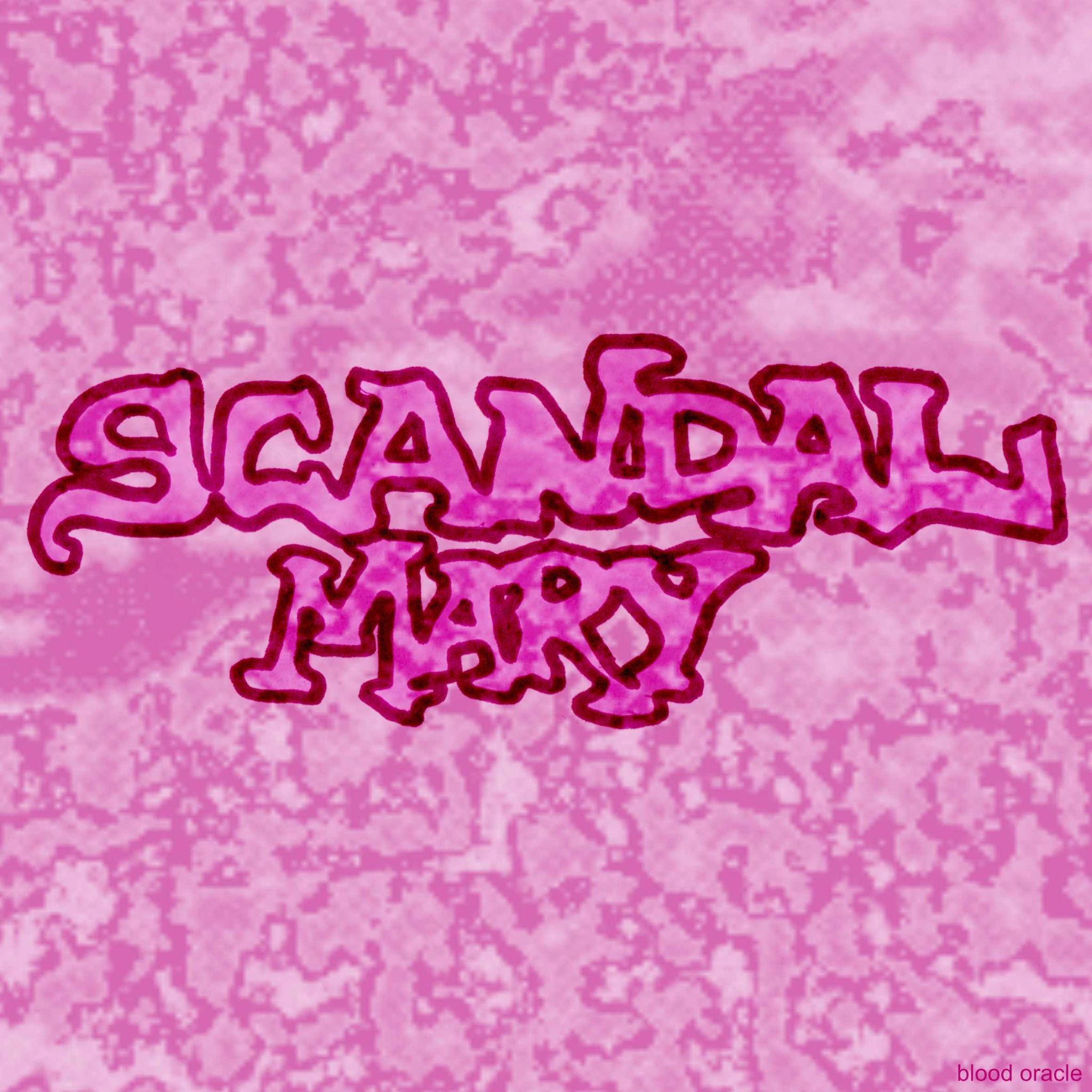 digital collage in shades of pink with the words scandal mary