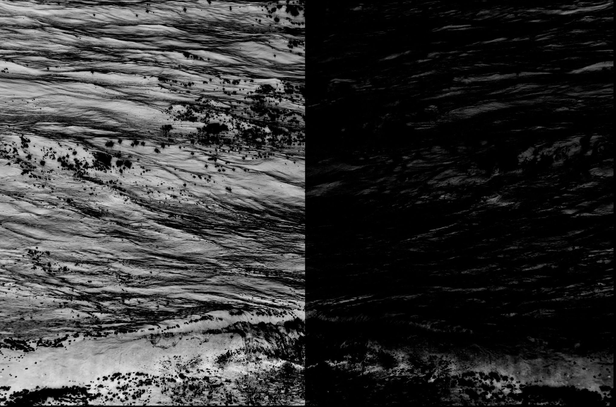 A negative image of a photograph of the sea (one of 200 images) used in the installation work “See, Sea” 2013.  The image originally in colour was shifted to black and white, copied to acetate, used as a negative to print via cyanotype processing. The cyanotype images revealed in the moment of the performative within the installation, bathed in water. The acetate negative images were woven together to create an assemblage within the installation called the ‘blanket/wave’. Here it is used, coupled with a copied image, shifted to almost full black and filpped horizontally…as a mirror image. Increasing the depth of the intensity of the colour.