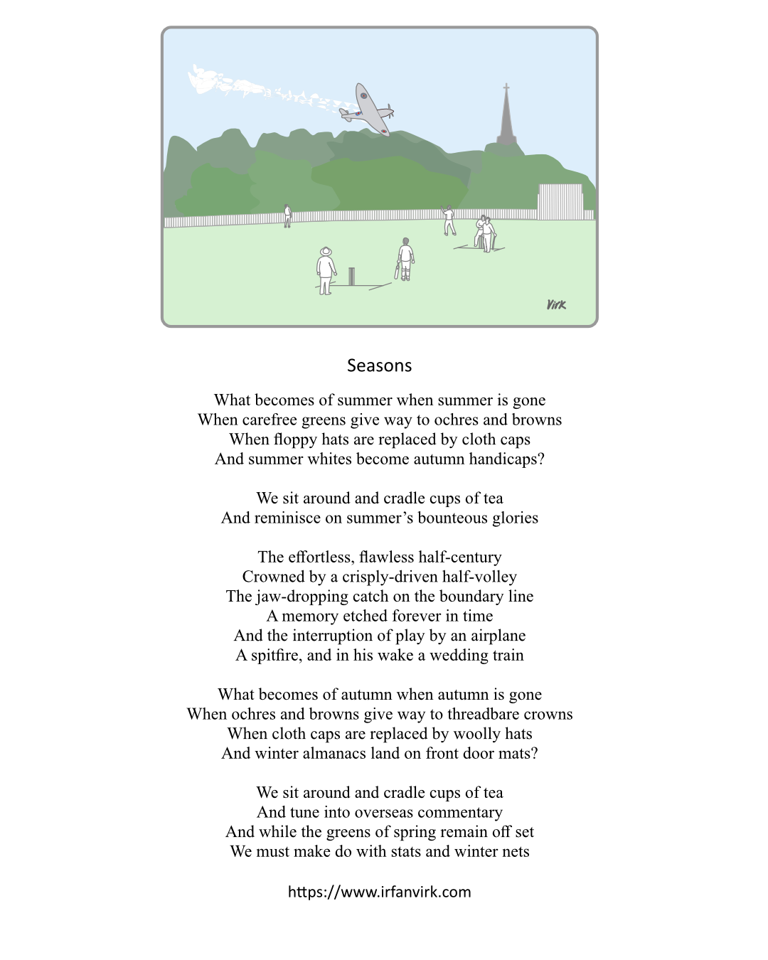 An illustrated poem. The image shows a village cricket match being interrupted by the appearance of a spitfire.