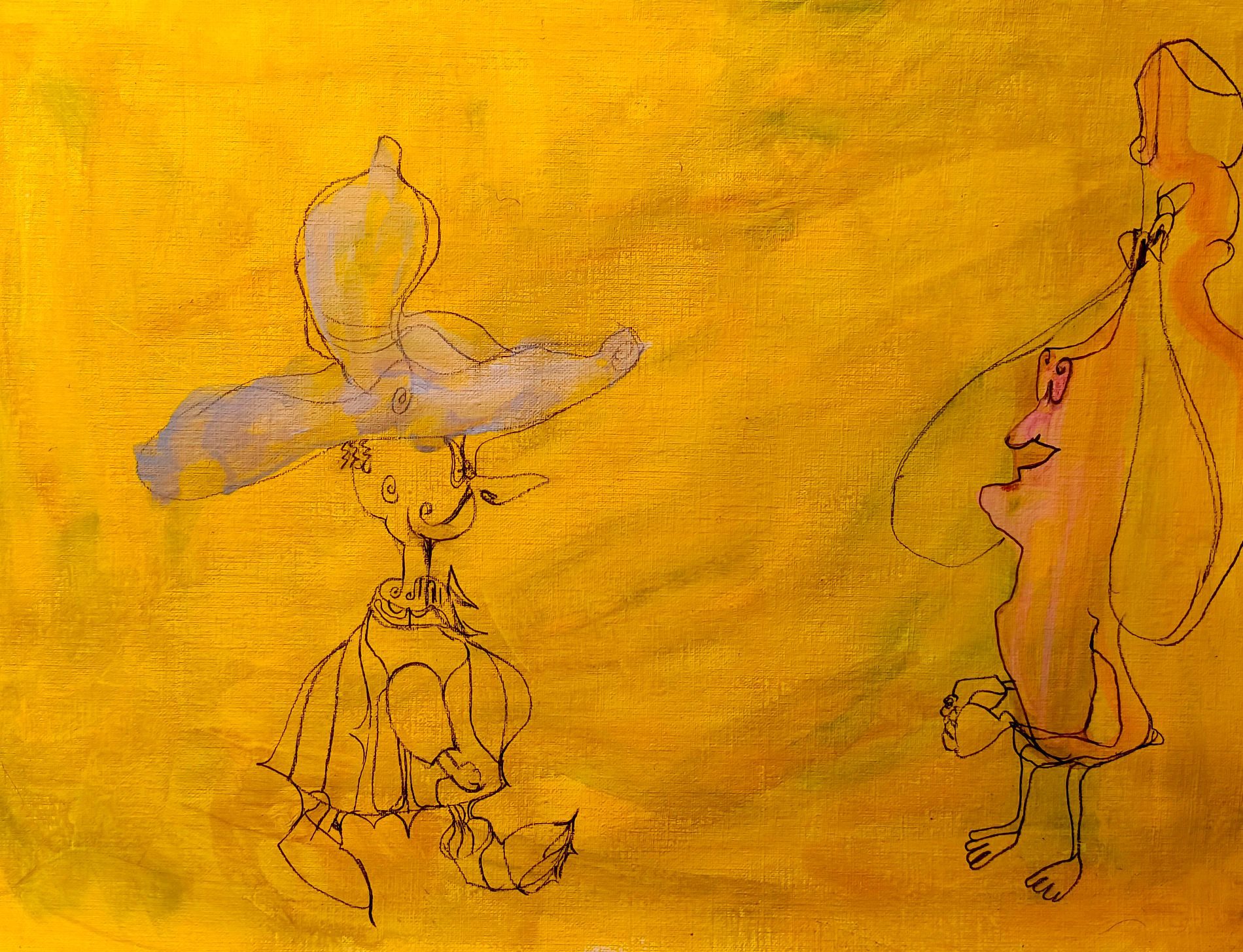 A pencil and paint sketch of two strange characters