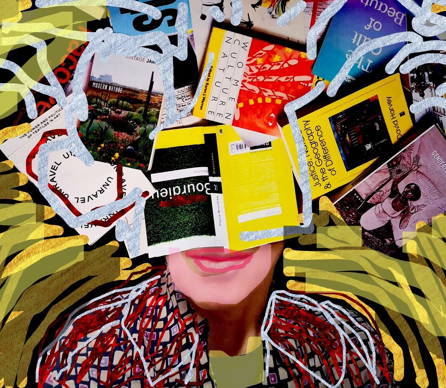 a collage of me, with many books flying out of my head, use of computer graphics to outline bookd, change my shirt and my lips