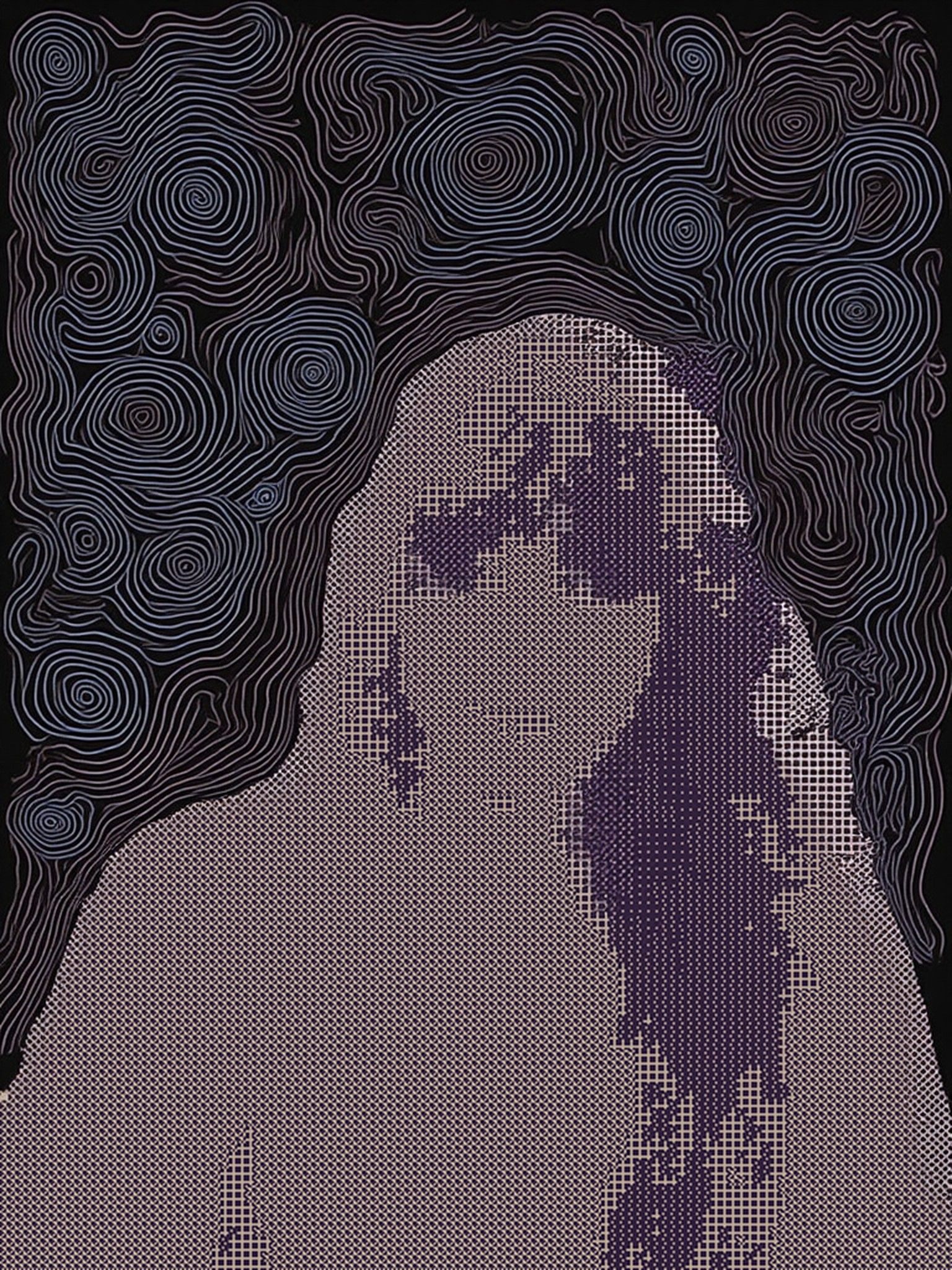 a heavily saturated selfie of a woman with a fringe and long wavy hair against a black backdrop with purple and white swirls