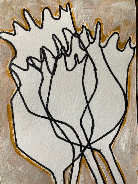 Three overlapping simplified drawings of a poppyhead, surrounded by yellowa acrylic and gesso