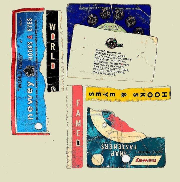 A collage of old packaging for snap fasteners