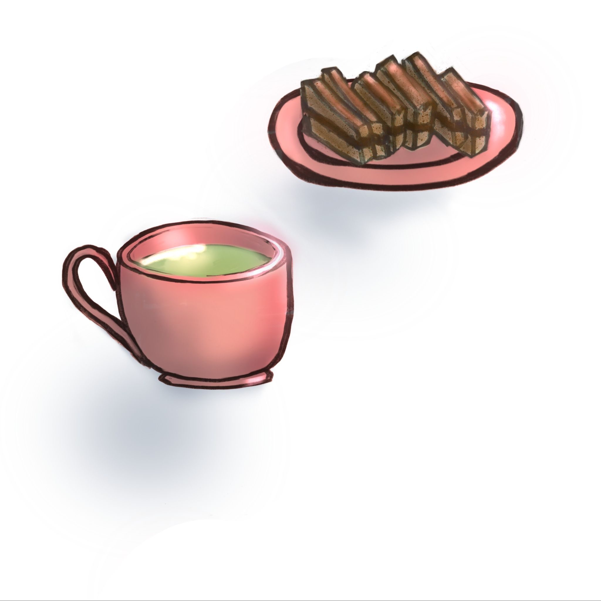 digital sketch of a cup of tea and a plate of cake. The cup and plate are pink, the cake is chocolate.